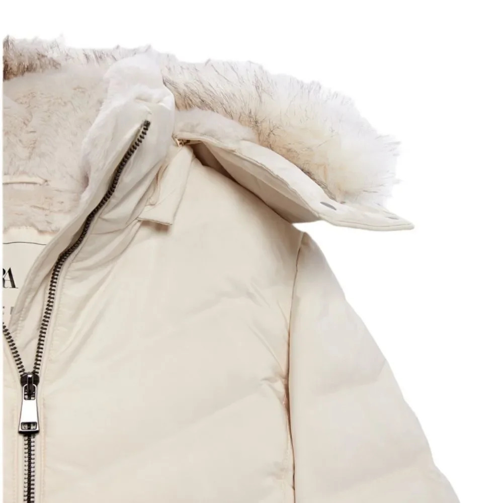 ZARA Ecru Water Wind Protection Hooded Down Coat NWT Size XXL Faux Fur Puffer - Picture 6 of 12